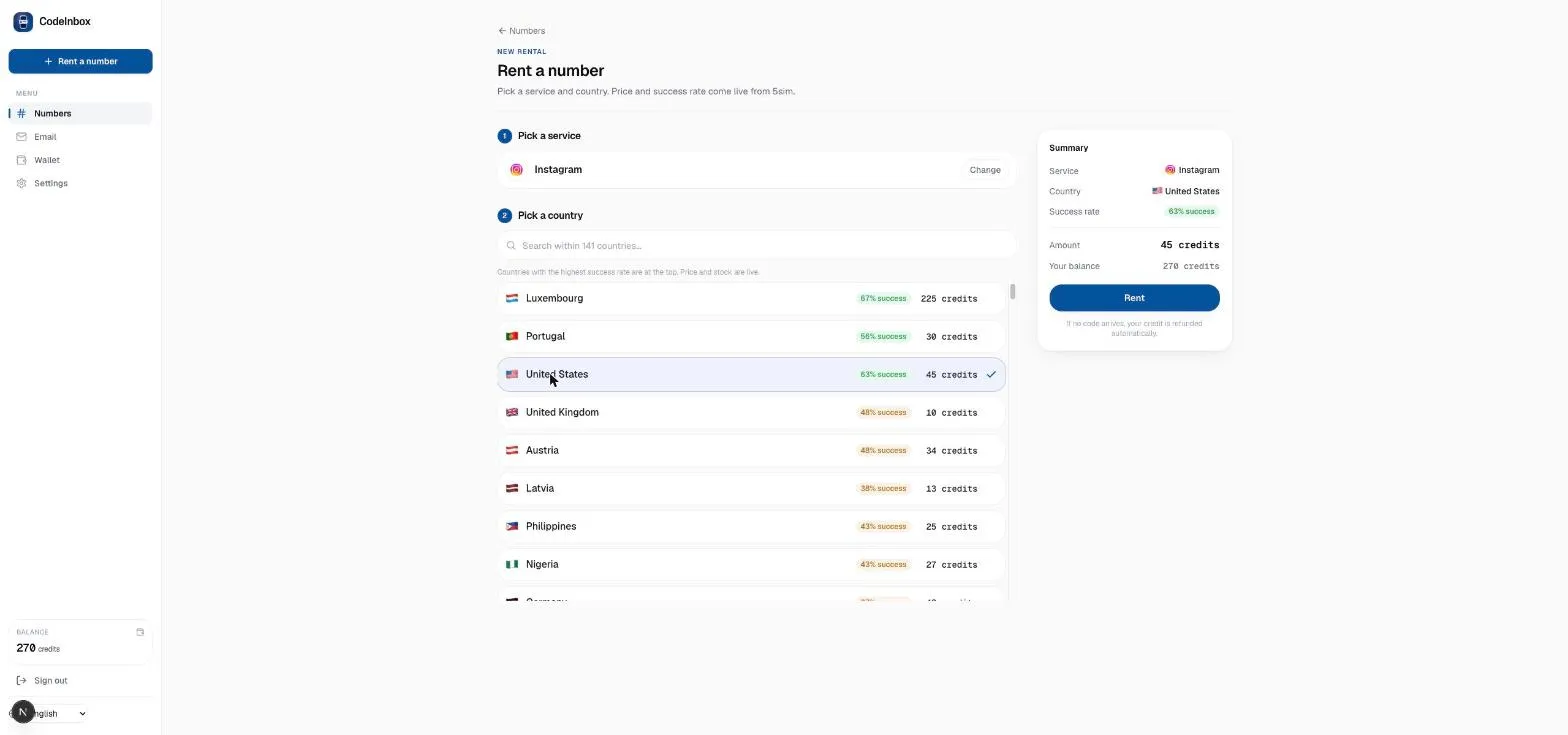 TempCode panel: renting an Instagram verification number for the United States, with a live price and success rate.