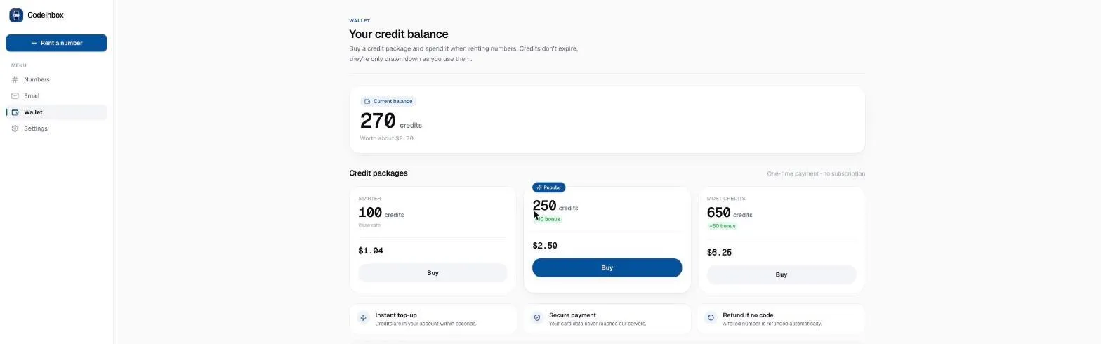 TempCode wallet: credit packages with prices and bonus credits.